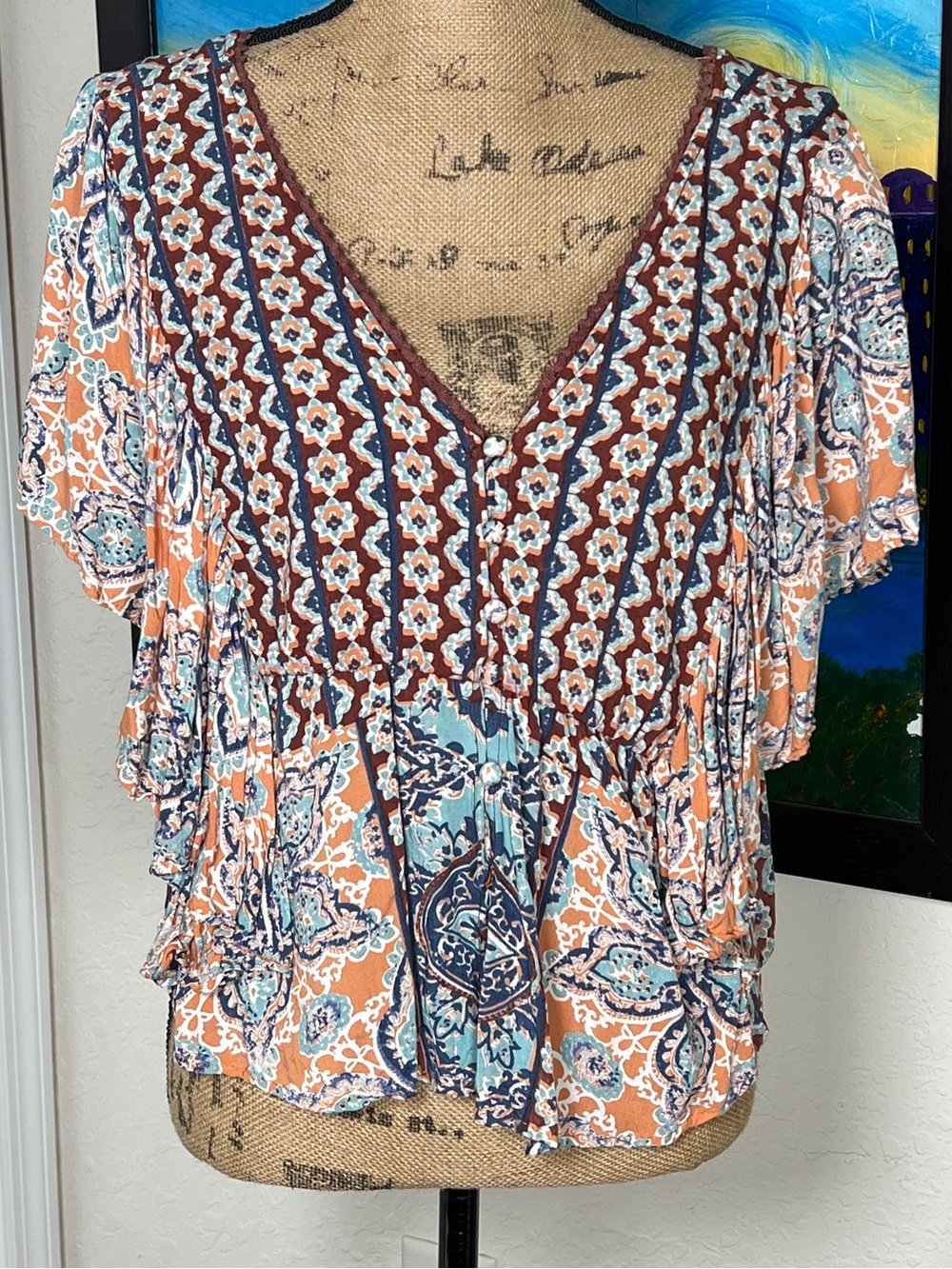 Angie Peach & Light Blue Printed V-Neck Flutter Sleeve Blouse